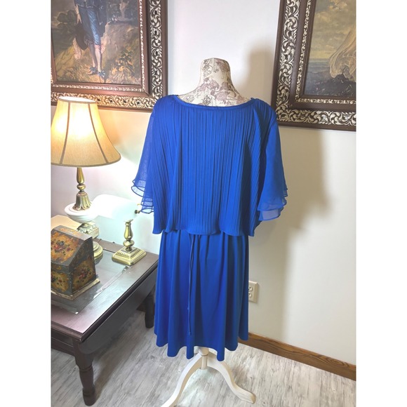 Vintage Royal Blue Dress Pleated Cape Overlay Tie Waist Occasion Party 18/20 - Picture 4 of 10